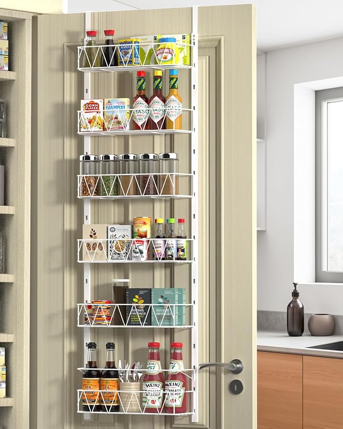 Over The Door Pantry Organizer, Pantry Organizers and Storage - 6-Tier Pantry Door Organizer, Over The Door Spice Rack for Kitchen, Bathroom, Bedroom Organization