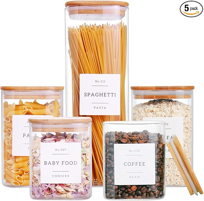 5 Pack Square Glass Pantry Storage Containers with 132 Kitchen Food Pantry Labels - Clear Glass Jars with Airtight Wood Bamboo Lids - Glass Canisters for Cookies, Nuts, Cereal