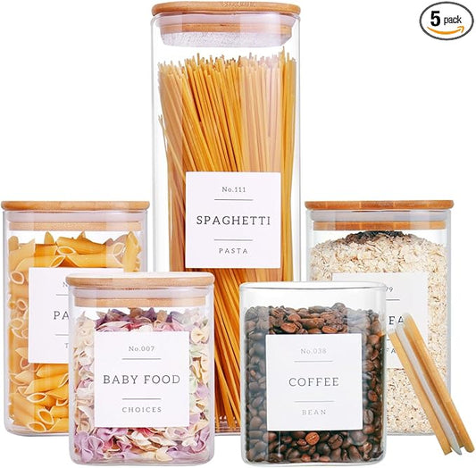 5 Pack Square Glass Pantry Storage Containers with 132 Kitchen Food Pantry Labels - Clear Glass Jars with Airtight Wood Bamboo Lids - Glass Canisters for Cookies, Nuts, Cereal