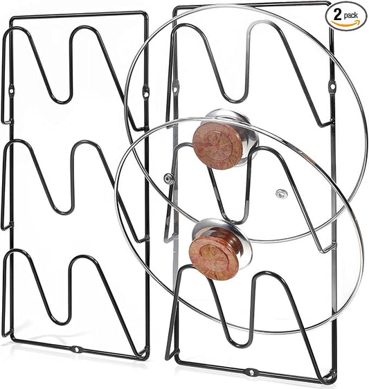 2 Pack Pot Lid Organizer, 6-Tier Pots & Pans Lid Holder Organizer for Cabinet or Wall/Door Kitchen Storage, No-Drill Adhesive Mount, Space-Saving Solution