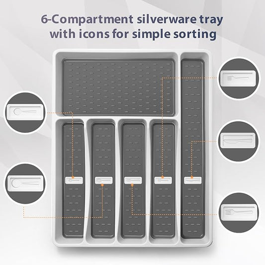 Silverware Organizer with Cutlery Icons，Silverware Tray for Kitchen Drawer，Plastic Flatware Tableware Cultery Drawer Organizer Utensil Organizer with Non-slip TPR Linings，6-Compartment