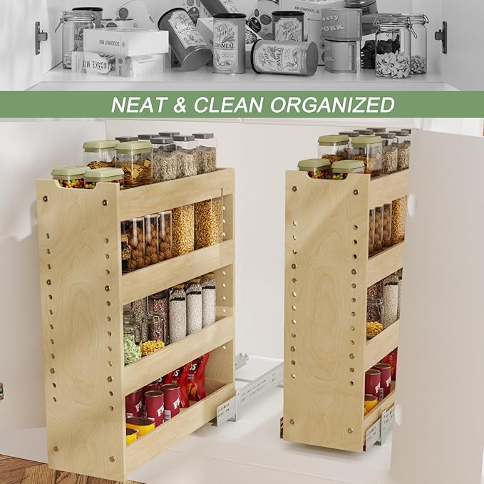 ROOMTEC Pull Out Cabinet Organizer with U Bracket,7½”W x 24½”H 4-Tier Adjustable Kitchen Spice Rack, Spice Rack Organizer for Narrow Cabinet Drawers Slide Out, Soft Close