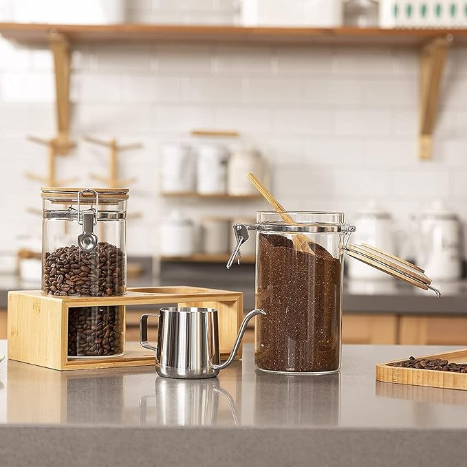 Yangbaga Glass Coffee Containers with Shelf, 2 x 45 oz Coffee Bean Storage with Airtight Locking Clamp and Bamboo Spoon, Large Capacity Food Storage Jar for Kitchen