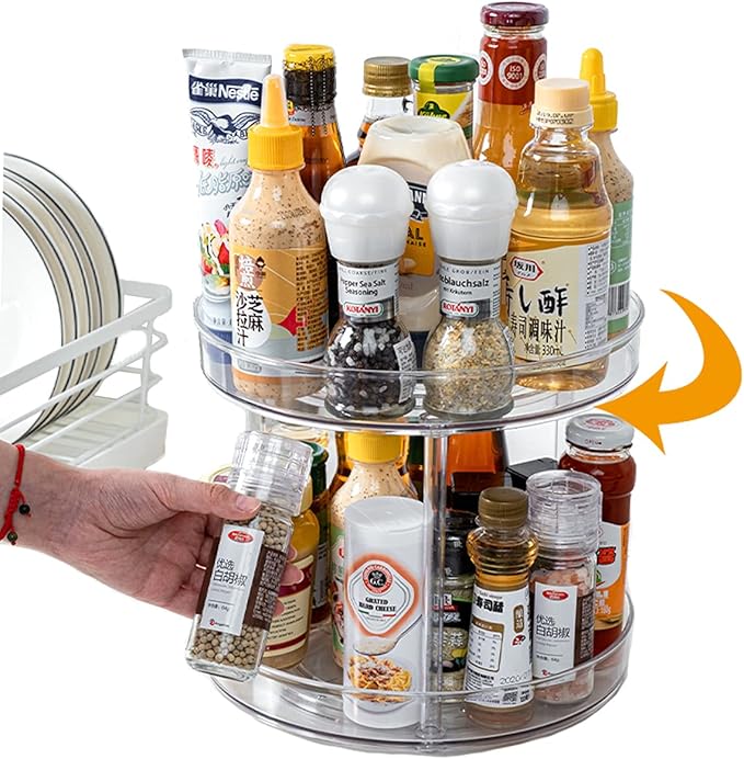 Lazy Susan Round Plastic Clear Rotating Turntable Organization Storage Container Bins for Cabinet Pantry Fridge Kitchen Vanity Spinning Organizer for Spices Condiments (2-Tire-1-Pack, 9 inch)