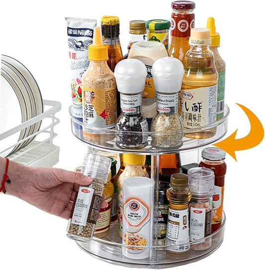 Lazy Susan Round Plastic Clear Rotating Turntable Organization Storage Container Bins for Cabinet Pantry Fridge Kitchen Vanity Spinning Organizer for Spices Condiments (2-Tire-1-Pack, 9 inch)