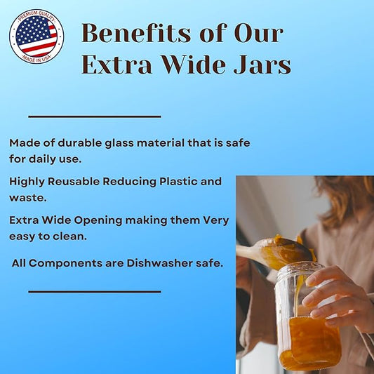 Jarming Collections Mason Jars 32 Oz EXTRA WIDE MOUTH Glass Jars with Flip Top Lids - storage container with lids - quart container made in the USA (2 Black Plastic Lids)