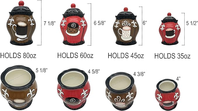 Tuscany Colorful Ceramic Coffee Bean Collection 4PC Canister Set with Lid, Kitchen Storage Jar, Food Storage Container, Airtight Storage Container With Rubber Seal for Coffee, Tea, Sugar, Flour