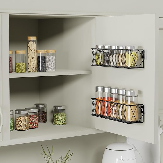 Hanging Spice Rack Wall Mount 4 Pack, Seasoning Rack Organizer Adhesive Spice Shelf Easy to Install, Kitchen Organization Cabinet Stand Space Saver, Metal, Black