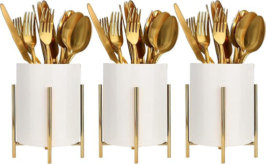 Coffee Spoon Holder,White Ceramic Silverware Caddy With Golden Metal Frame Chic & for Coffee Bar