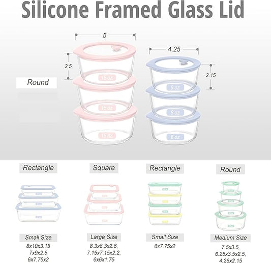 Urban Green Glass Food Container Set with Glass Lid, 6 Pack, Meal Prep Containers with Silicone Framed Airtight Lid, Leakproof, 100% Plastic Free,