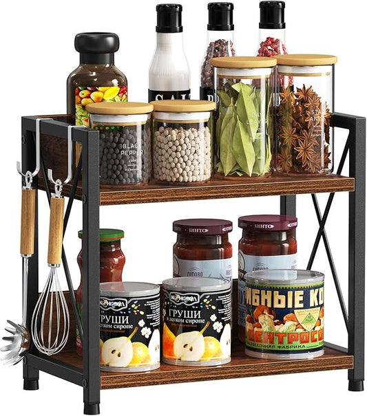 Snughome Kitchen Countertop Organizer,2 Tier Spice Rack Organizer for Countertop,Wood Kitchen Counter Shelf Organizer with Hooks (Rustic Brown,Small)