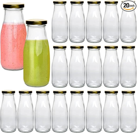 QAPPDA 12 oz Glass Bottles, Clear Glass Milk Bottles with Gold Metal Lids, Vintage Breakfast Shake Clear Container, Vintage Drinking Bottle with Whiteboard Labels and Pen for Party,Kids,Set of 20