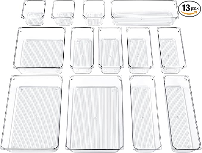 13 PCS Clear Plastic Drawer Organizer Set, GOGOODA 5 Size Large Vanity Organizer Trays with Non-Slip Pads, Multi-use Organizing Bins for Kitchen, Bedroom, Bathroom, Office, Utensils, Makeup, Jewellery