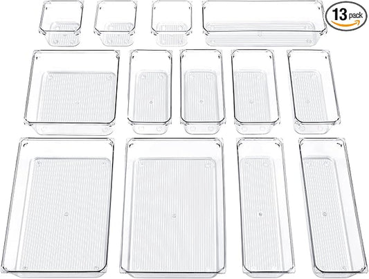 13 PCS Clear Plastic Drawer Organizer Set, GOGOODA 5 Size Large Vanity Organizer Trays with Non-Slip Pads, Multi-use Organizing Bins for Kitchen, Bedroom, Bathroom, Office, Utensils, Makeup, Jewellery
