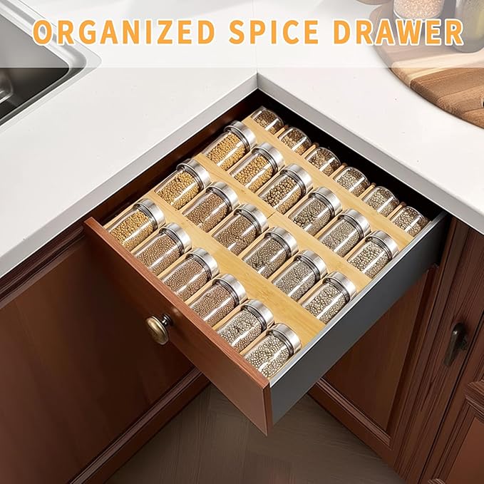 Bamboo Spice Rack For Drawer, 8Pcs Tier Stackable Seasoning Storage Organizer Insert,for kitchen condiments storage insert(Jars Not Included,18.9" Wide×18.9" Deep×1.8" High
