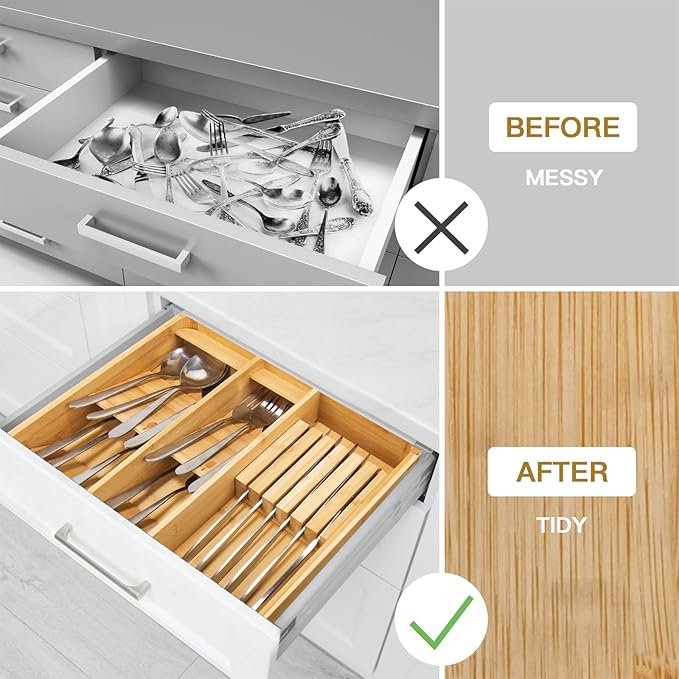 Bamboo Silverware Tray with Lid, Compact Bamboo Utensil Organizer for Kitchen Drawers Countertop, Dust-proof Sturdy Flatware Organizers and Storage Holder with Labels, Steak Knife Block