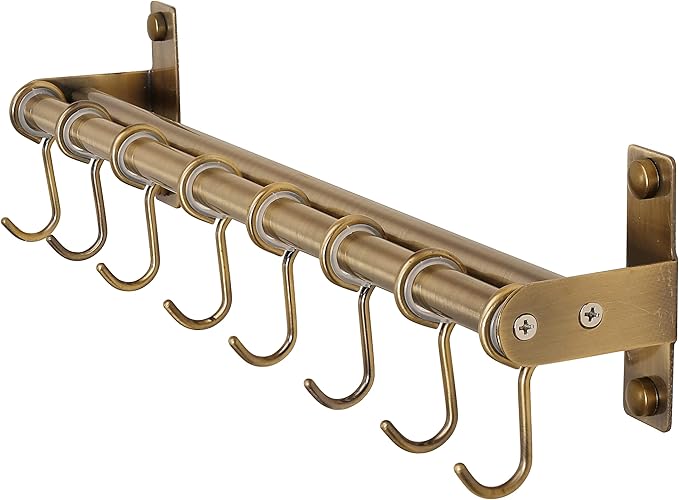DSEAP Pot Rack - Pots and Pans Hanging Rack with 8 Hooks, Double Bars, Wall Mounted, Bronze
