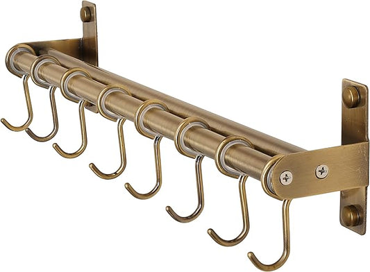 DSEAP Pot Rack - Pots and Pans Hanging Rack with 8 Hooks, Double Bars, Wall Mounted, Bronze