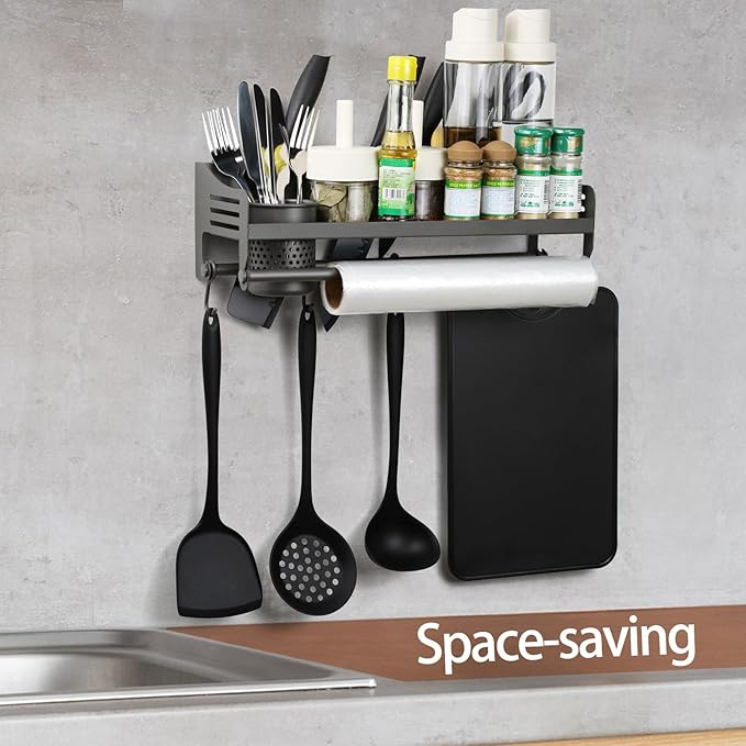 Wall Mounted Spice Rack, Hanging Spice Rack with Hooks - Kitchen Utensil Organizer for Spatulas, Spoons, And Seasoning Jars - Space Saving Solutions for the Kitchen (40CM)