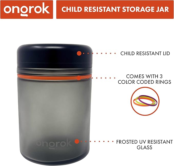 ONGROK Glass Storage Jar, 1L, Single Pack, UV Herb/Spice Jar with Child Resistant Lid, Color-Coded Glass Containers Air Proof to Preserve Smell and Aroma, Perfect Size to Store in a Drawer or Cupboard