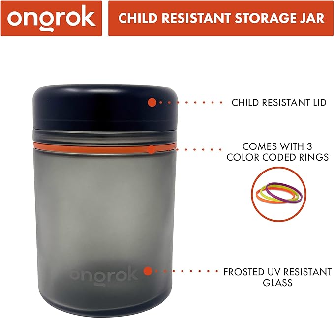 ONGROK Glass Storage Jar, 1L, Single Pack, UV Herb/Spice Jar with Child Resistant Lid, Color-Coded Glass Containers Air Proof to Preserve Smell and Aroma, Perfect Size to Store in a Drawer or Cupboard