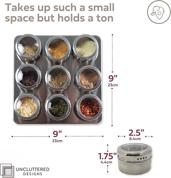 Uncluttered Designs Intergalactic Spice Rack Set With Magnetic Jars, Stand and Wall Mount (9 Tin)