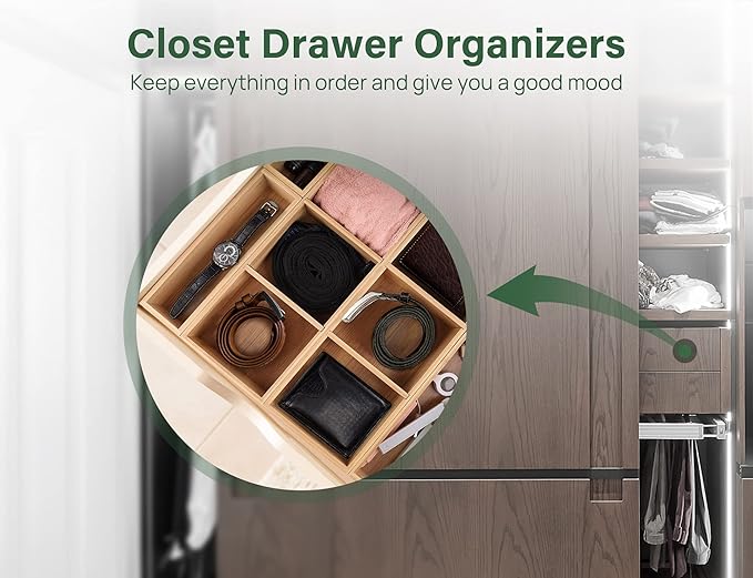 Kootek 6 Pcs Bamboo Drawer Organizer, Kitchen Utensils Storage Boxes 3-Size with Removable Dividers Multi-Use for Gadget, Makeup, Bathroom, Office