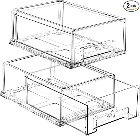 Clear Stackable Storage Drawers - 2 Pack Refrigerator Drawers for Refrigerator Organizers and Storage, Fridge Drawer Organizer for Fruit and Veggie Storage, Acrylic Storage Drawers Pull Out Bin