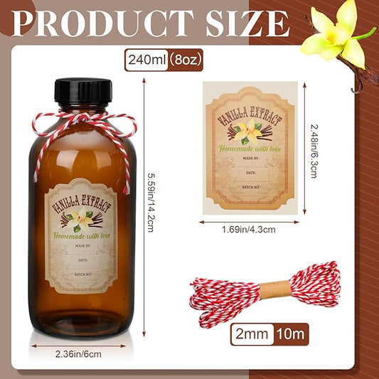 Uiifan 12 Pack Amber Glass Bottle Boston Round Bottles with Caps Brown Vanilla Extract Jars and 12 Pcs Vanilla Extract Stickers for Syrup Gift Glass Jar Food Storage Canister Set Sauce Beans(8 oz)