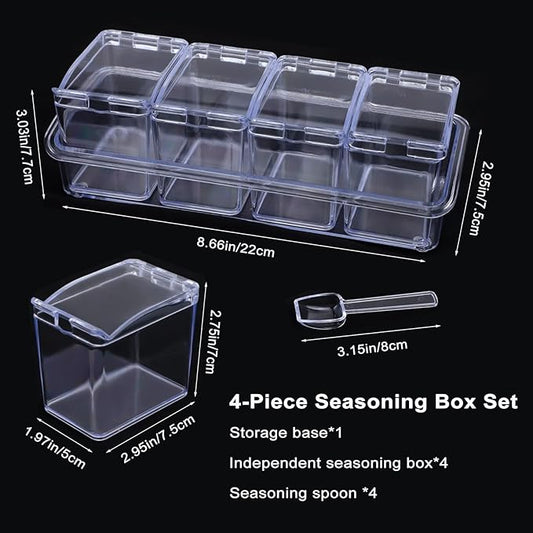 Clear Seasoning Box, 4 Piece Seasoning Rack Spice Pots, Plastic Storage Container Condiment Jars with Lids and Spoon, Kitchen Organization Containers for Spice, Salt, Sugar, Cruet