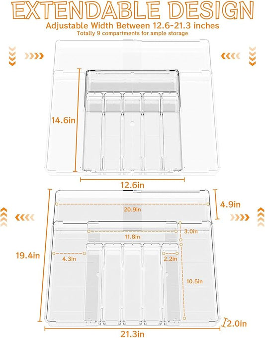 Clear Expandable Silverware Organizers for Kitchen Drawers,Large BPA Free Cutlery Organizer in Drawer,Plastic Utensil Drawer Organizer Suitable as Flatware,Knife,Fork,Spoon,Silverware Holder and Tray
