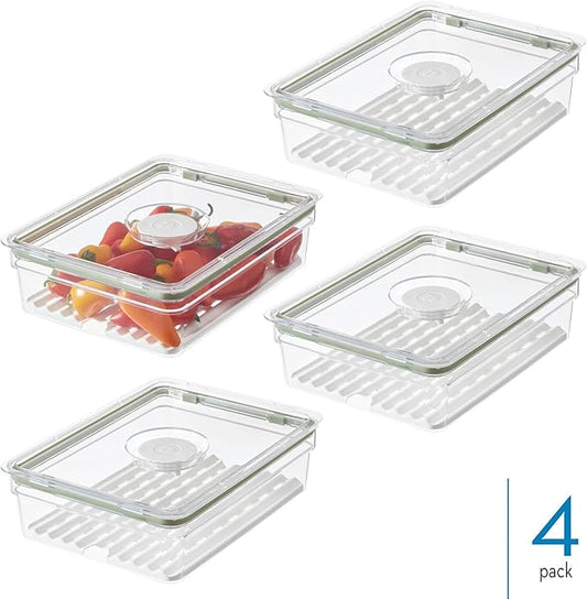 iDesign Large Fridge Produce Bin with Removable Drainage Tray and Lid - Set of 4 - Clear/White