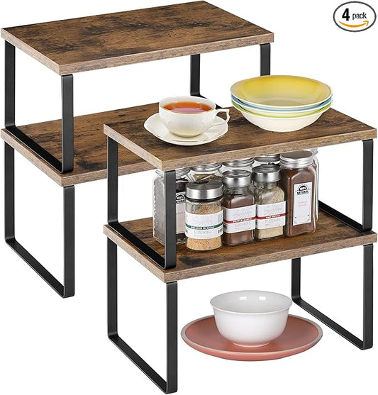 ETELI Kitchen Counter Cabinet Shelf Organizer Expandable Stackable Shelves Set of 4 Shelf Risers Small Counter Top Racks for Kitchen Cupboard Pantry, Brown