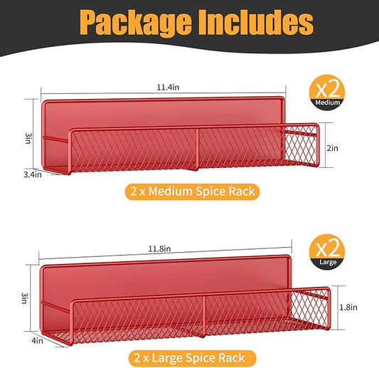 Magnetic Spice Rack for Refrigerator, 4 Pack Metal Magnetic Shelf, Super Magnetic Spice Organizer, Moveable Space Saving Shelves for Home, Durable Kitchen Organization and Storage Racks, Red