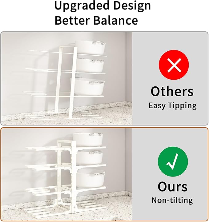 Adjustable Pots and Pans Organizer Under Cabinet, 8-Tier Pot and Pan Organizers Inside Cabinet, Kitchen Cabinet Organizers and Storage, White