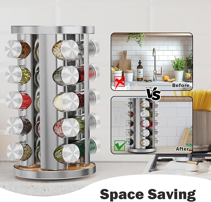 Rotating Spice Rack Organizer, Spice Tower for Countertop, Revolving Spice Rack Set for Cabinet, Silver Steel Kitchen Seasoning Organizer with 20 Jars and Funnel