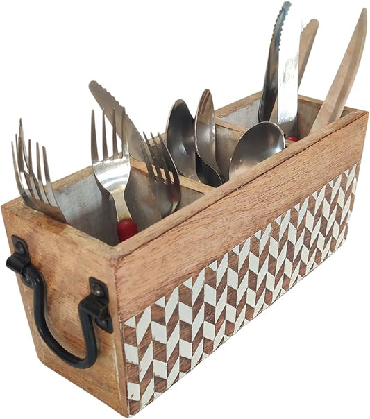VANIYA CRAFTSR® Handmade Wooden Carved Design Compartments Cutlery Utensil Holder For Napkins, Spoons, Forks, Tissues, Knife (Natural White Finish)