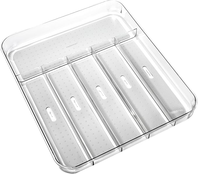 madesmart Silverware Tray - Large | Light Grey | Clear Soft Grip Collection | 6-compartment | Soft-grip Lining | Non-slip Feet | BPA-free