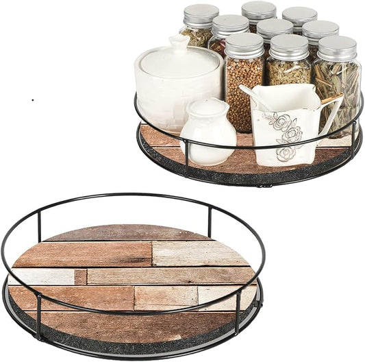 12 Inch Turntable Wooden Lazy Susan, Non-Skid Brown White Wooden Board Turntable Organizers for Cabinet, Pantry, Kitchen, Perfect Spice Rack Solution