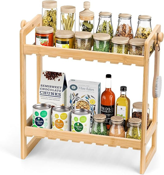 Bamboo Multi-Purpose Organizer, 2 Tier Kitchen Counter Shelf, Natural Brown, 2.56 x 14.37 x 7.08 inches
