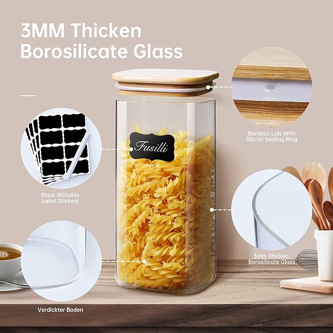Square Glass Jars with Bamboo Lids 34 FL OZ [Set of 6], Glass Canisters with Airtight Lid, Glass Food Storage Container for Pasta, Flour, Sugar, Rice, Best for Kitchen & Pantry