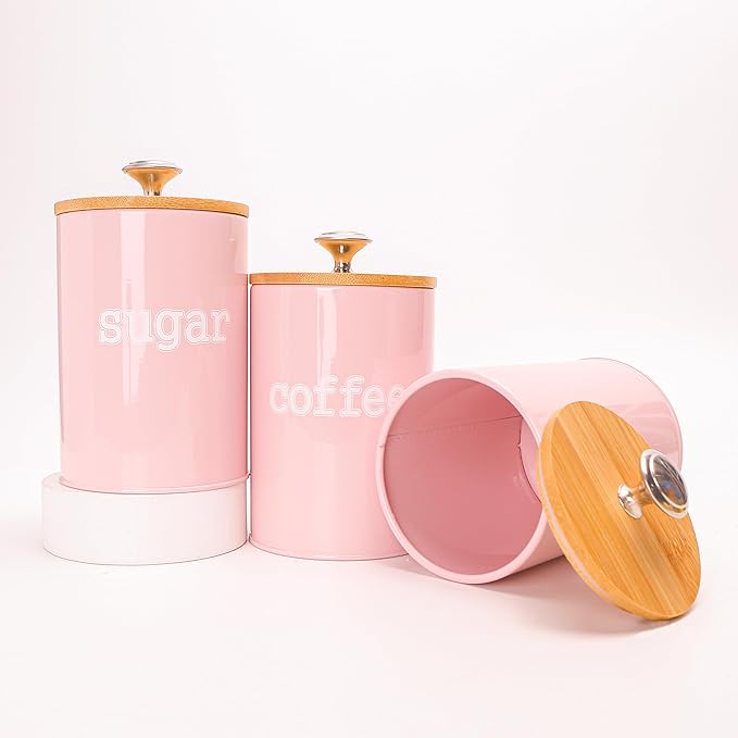 3PCS Pink Kitchen Canister Set 6.1" x 3.7" Matte Condiment Pot Metal Tin Jar Container with Bamboo Airtight Lid to Store Dry Food Spices Coffee Tea Sugar Storage Accessories for Bar Counter Farm House