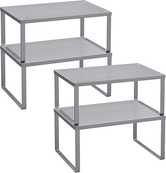SONGMICS Spice Racks, Cabinet Shelf Organizers, Shelf Organizers, Countertop Organizers, Shelf Risers, Stackable, Expandable, Set of 4 Metal Kitchen Counter Shelves, Silver UKCS006S01
