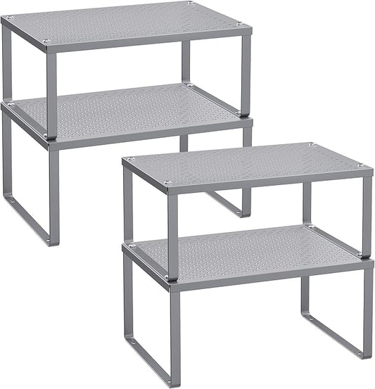 SONGMICS Spice Racks, Cabinet Shelf Organizers, Shelf Organizers, Countertop Organizers, Shelf Risers, Stackable, Expandable, Set of 4 Metal Kitchen Counter Shelves, Silver UKCS006S01