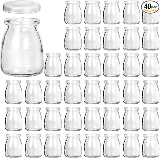KAMOTA Glass Yogurt/Pudding Jars With PE Lids, Ideal for Jam, Honey, Wedding Favors, Shower Favors 40 PACK 4 oz Clear, (150ml)