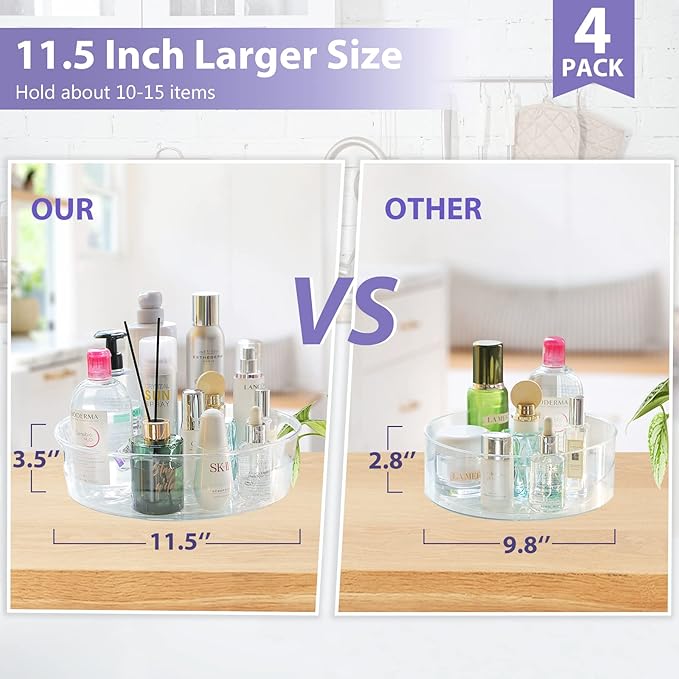 GUZON 4 Pack Lazy Susan Organizer for Cabinet, Upgraded 11.5" Clear Lazy Susan Turntable with Handles and Raised Edge, Rotating Spice Storage for Kitchen, Pantry, Refrigerator, Bathroom, Table