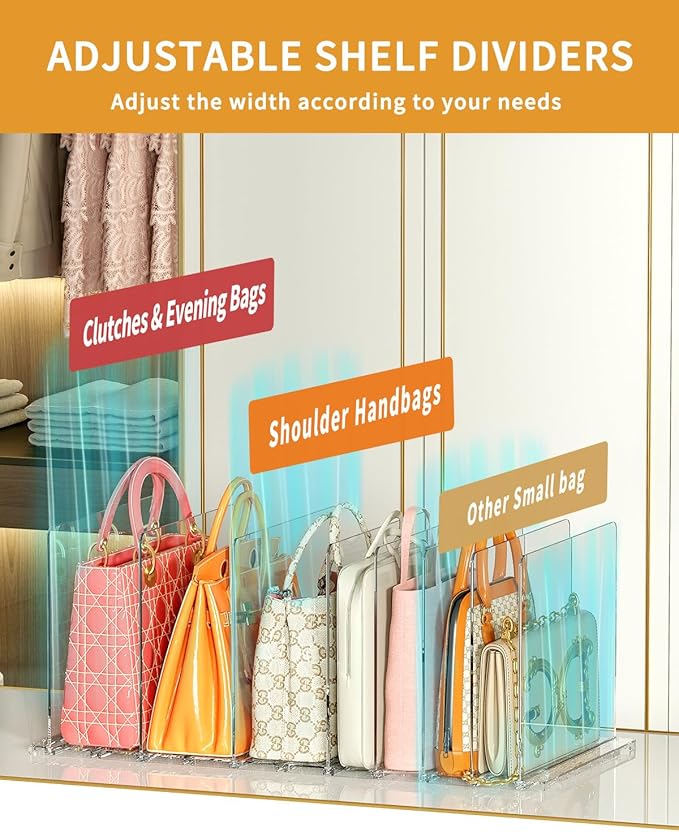 2 Pack Adjustable Clear Shelf Dividers for Closet, Acrylic Purse Organizer for Closet, Handbag Storage Organizer Bookshelf Separator Dividers in Bedroom, Office