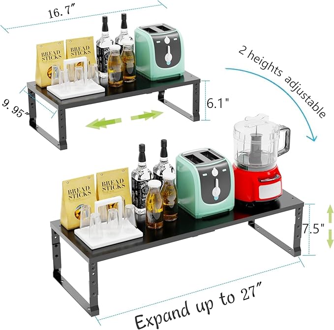 Expandable Cabinet Shelf Organizer Storage Spice Rack Shelves for Kitchen Stackable Adjustable Pantry Cupboard Bathroom Countertop Desktop(1Pack/Black/Large)