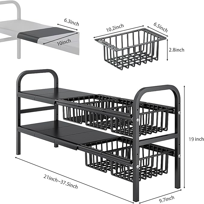 Under Sink Organizer，2 Tier Expandable Heavy Duty Metal Shelf，with 5 Removable Panels and 5 Storage Basket for Under Kitchen Bathroom Sink Organizers and Storage(X-Large,Black)