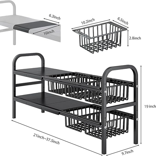Under Sink Organizer，2 Tier Expandable Heavy Duty Metal Shelf，with 5 Removable Panels and 5 Storage Basket for Under Kitchen Bathroom Sink Organizers and Storage(X-Large,Black)